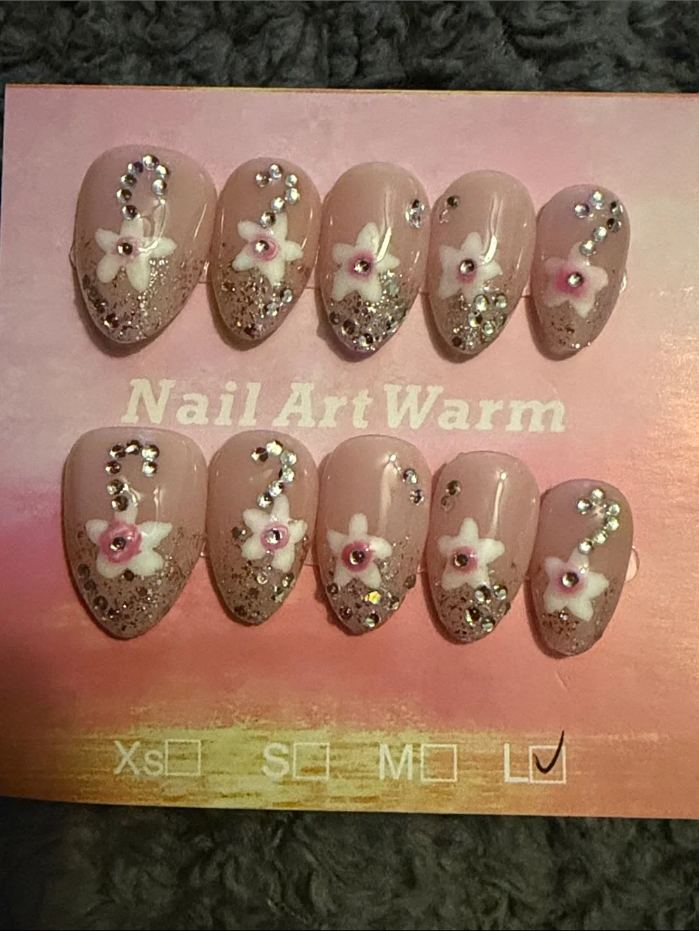 Pink Floral Rhinestone handmade acrylic Press-On Nails
